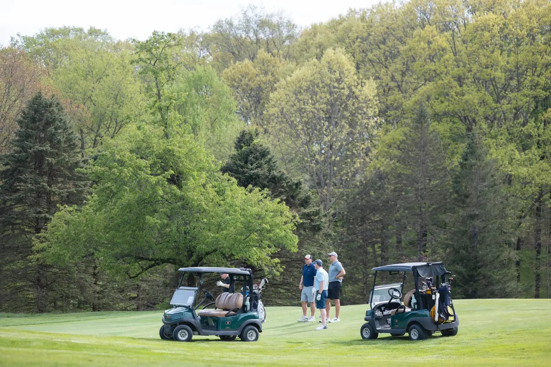 Golfers and two carts on a fairway surrounded by trees