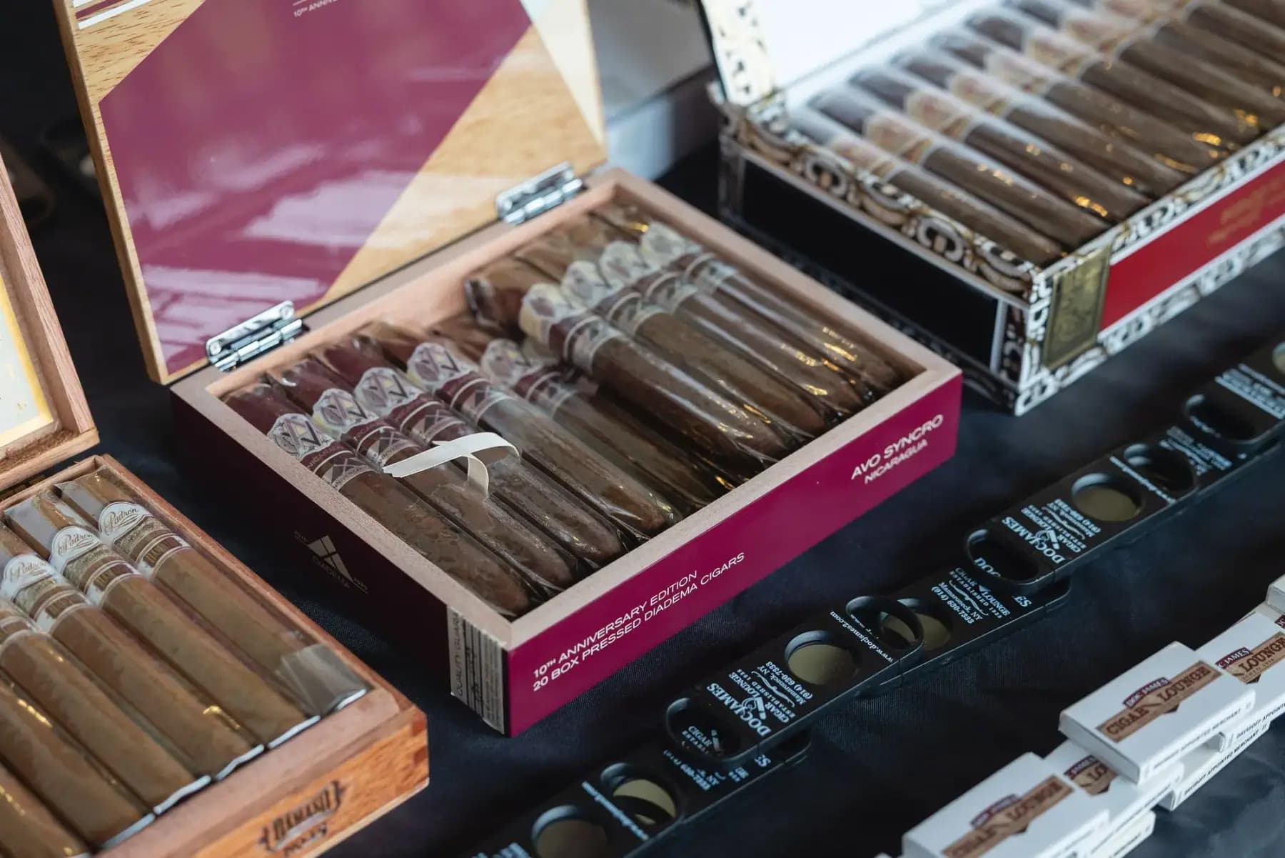 Close-up of open boxes of cigars