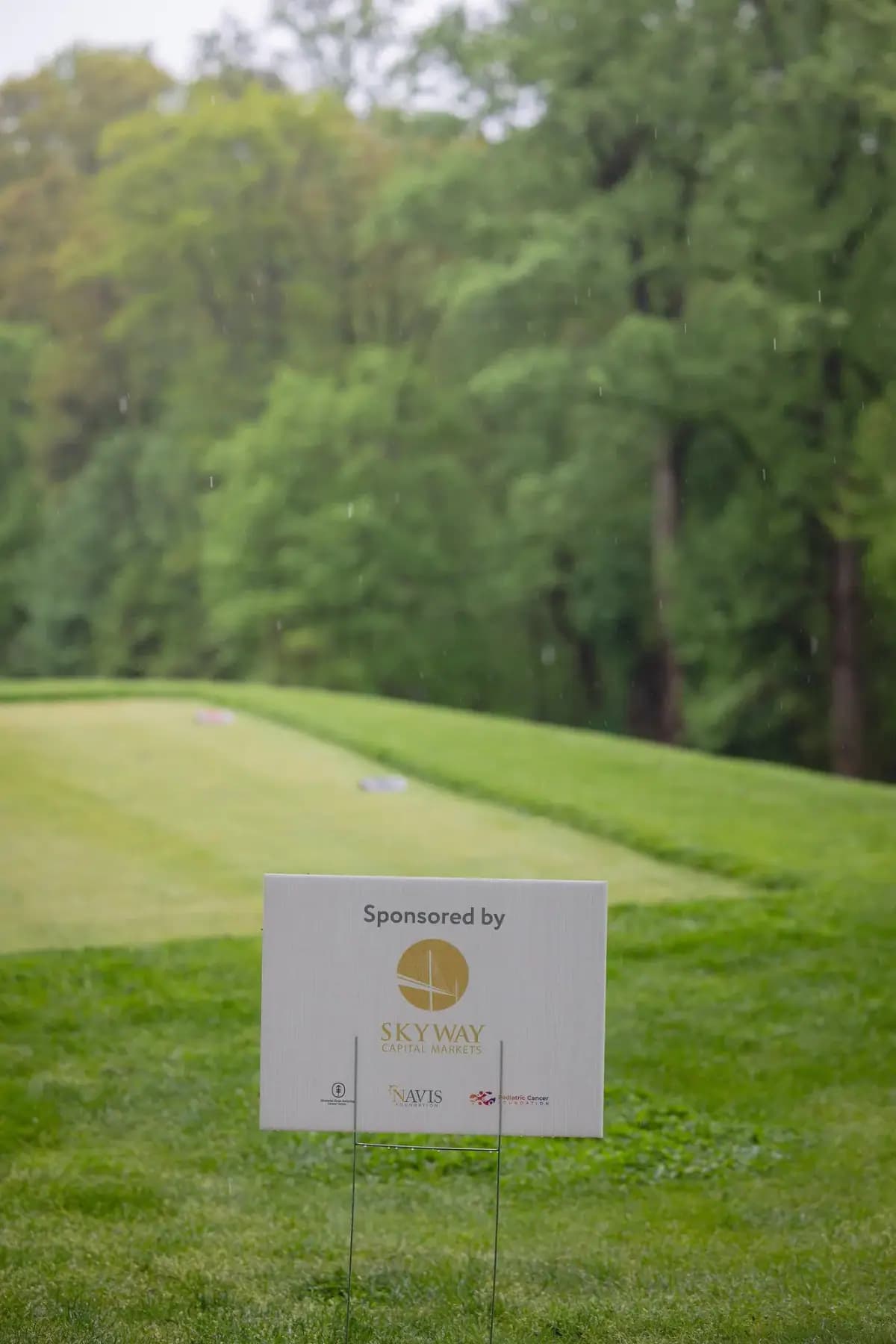 Skyway sponsor sign on a tee box in front of a wooded hillside