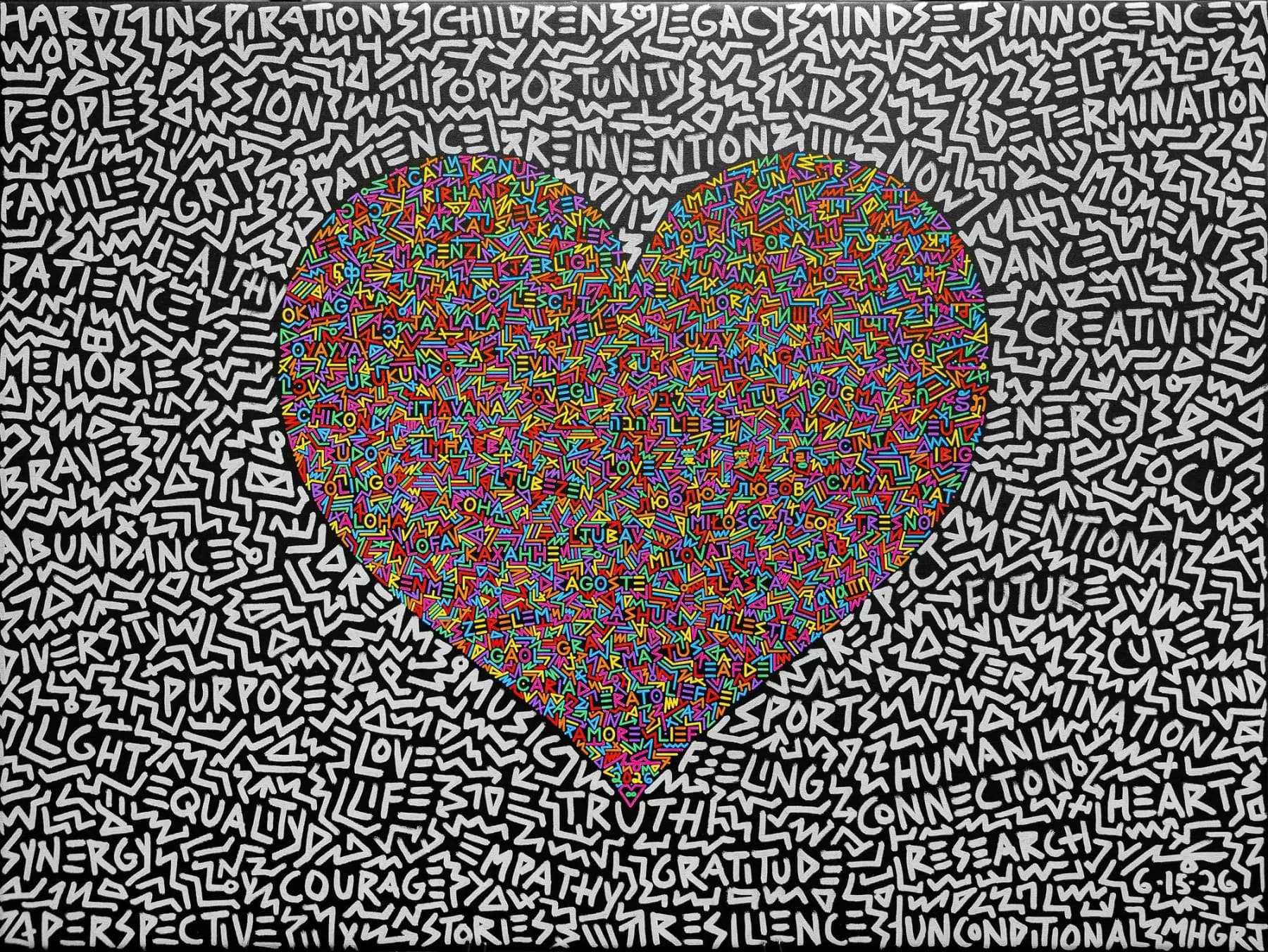 Artwork of a multicolored heart on a black background filled with handwritten words