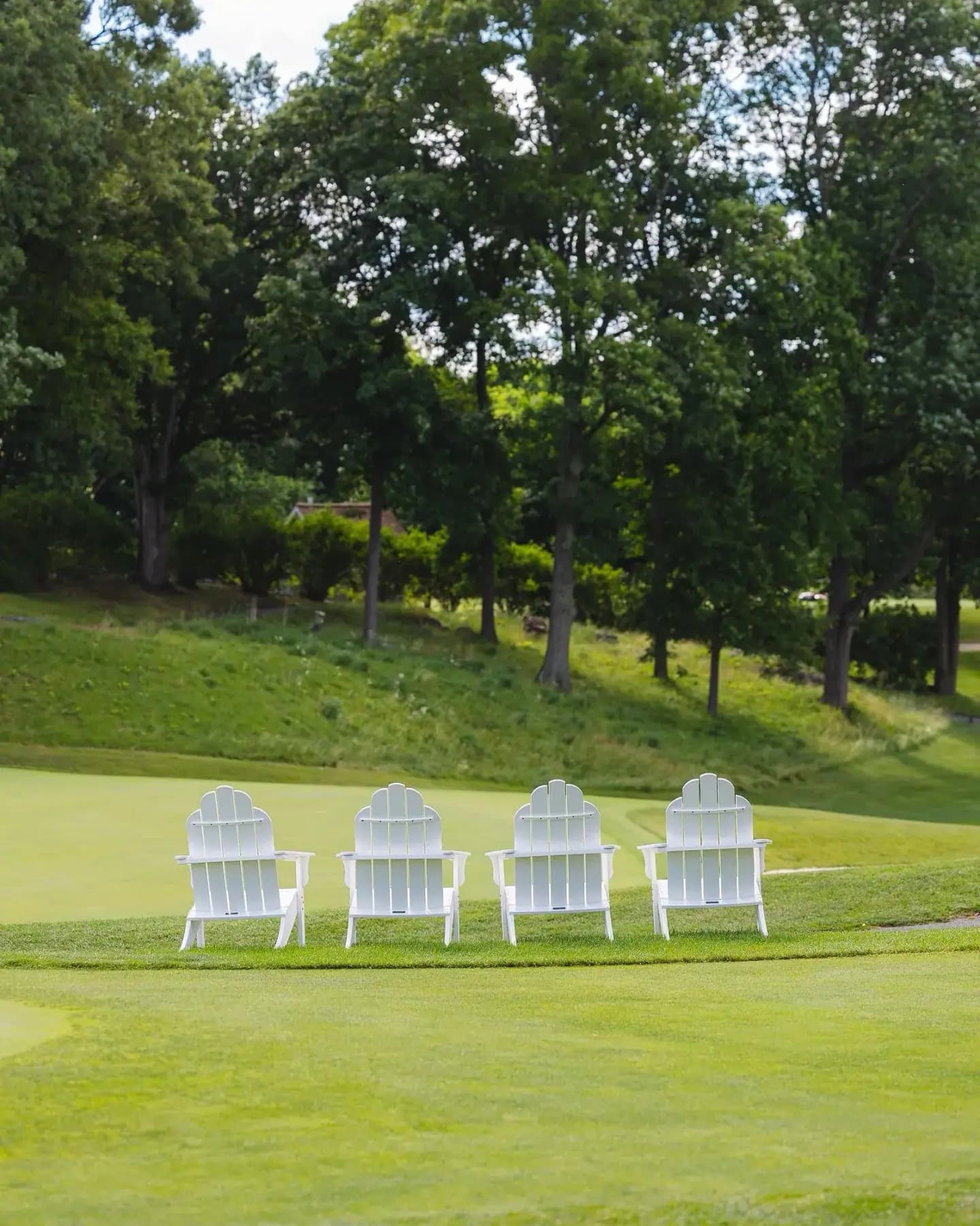 Four white Adirondack chairs on a green below a wooded hill