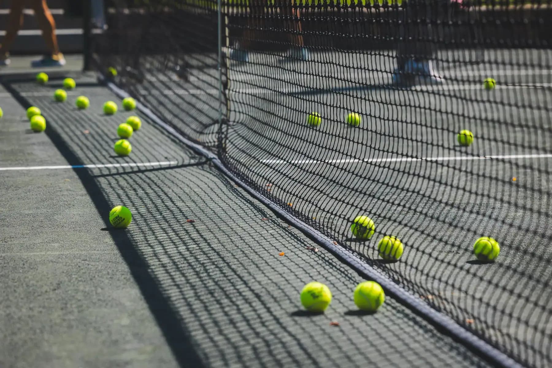 Close-up of tennis balls scattered along the net on a court