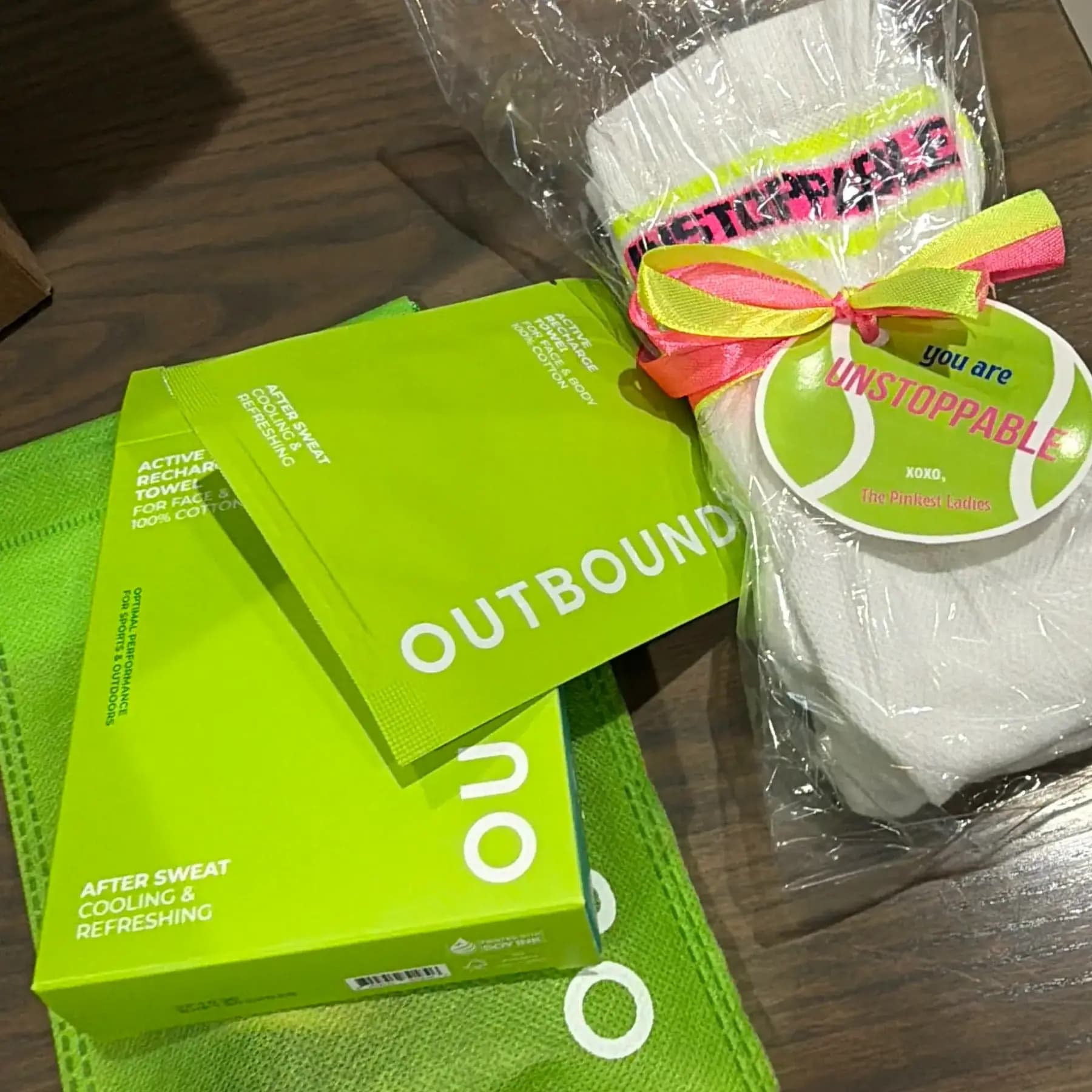 Outbound towel packs and a gift tag reading "You are Unstoppable"
